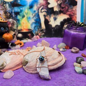 Rose Gold Wire Wrapped Raw Angelite Gemstone Pendant